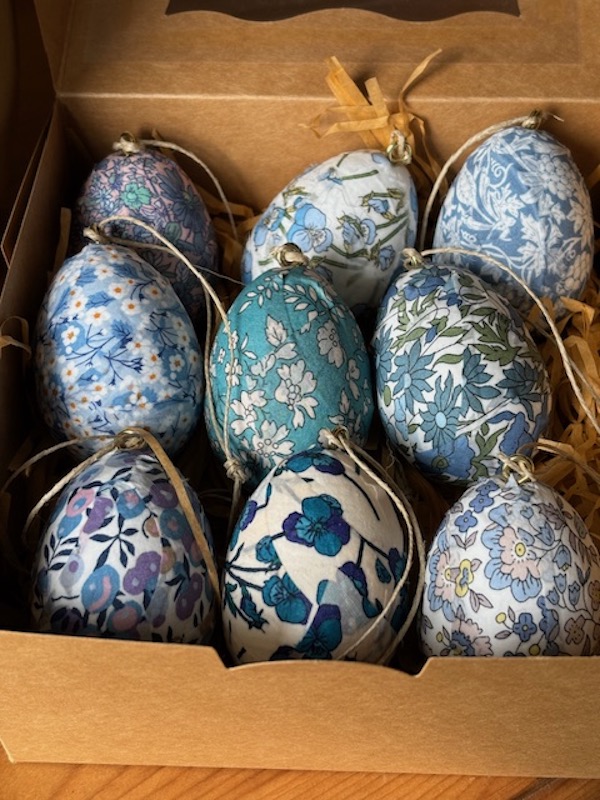 Decoupaged Liberty eggs in blues and whites