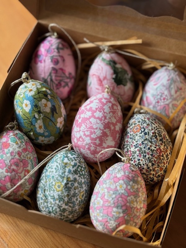 Box of Liberty fabric eggs in pinks and greens