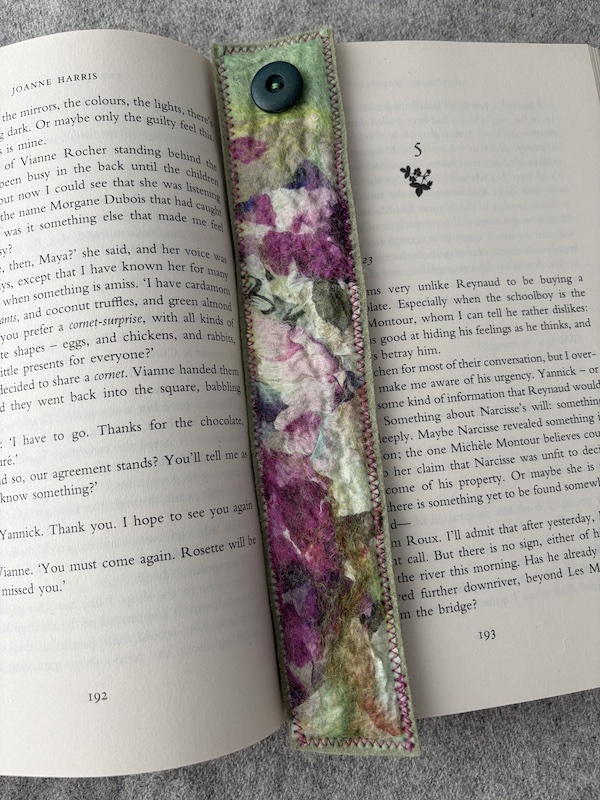 Nuno felted book mark (green and pink)